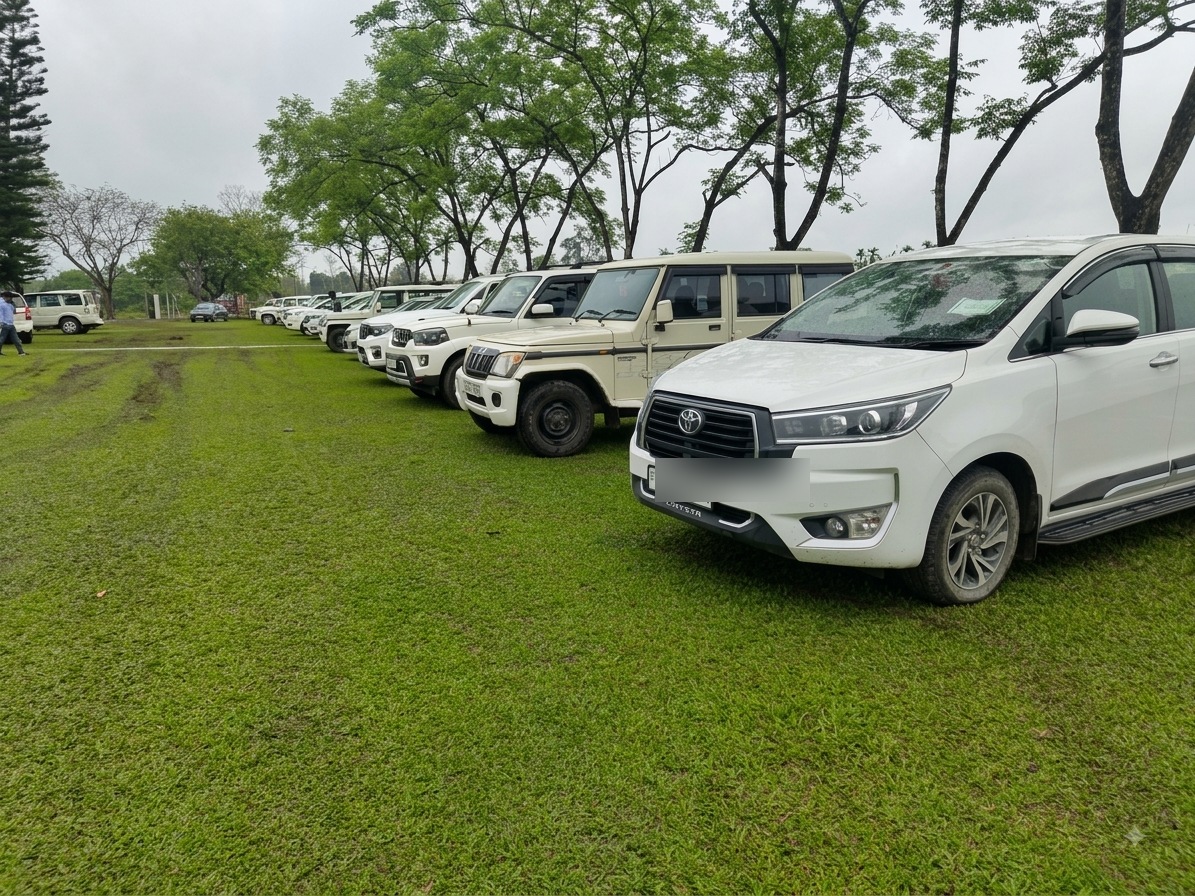 Nomadic Northeast's own fleet of tour vehicles lined up in Assam
